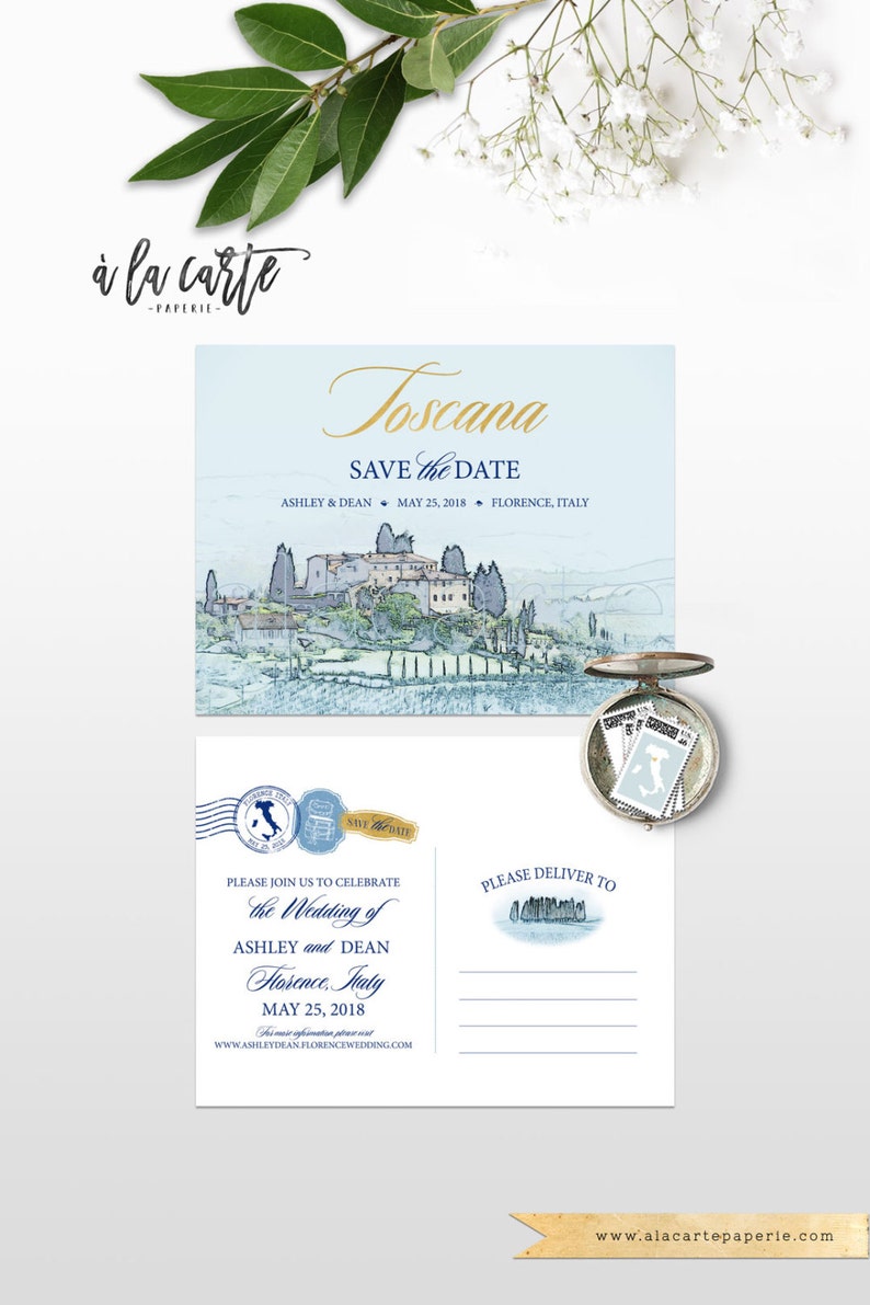 Destination wedding invitation Tuscany Florence Italy Europe Save the date Postcard illustration sketch drawing watercolor Deposit Payment image 1