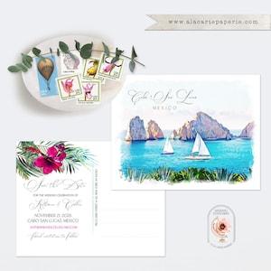 Cabo San Lucas Los Cabos México ilustrado destino de praia casamento Save the Date Cartão postal Convite de casamento mexicano - Pagamento de depósito