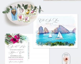 Cabo San Lucas Save the Date Postcard – Watercolor Destination Wedding (Printed or Digital)