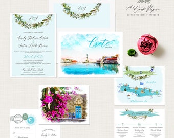 Crete Greece Destination Wedding Invitation Greek Island Invitation Suite European wedding illustrated invitation set - Deposit Payment