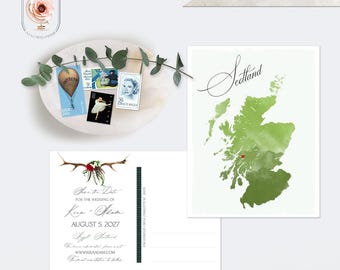 Scotland UK Destination Wedding Save the Date Postcard with Watercolor Map - PRINTED or DIGITAL