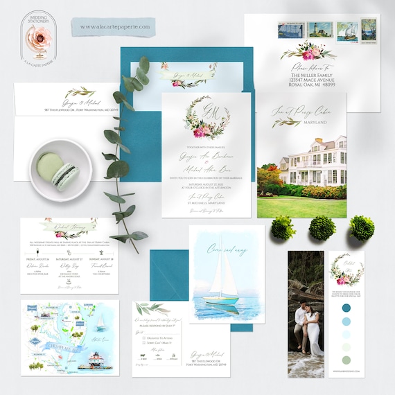 PRINTED The Perry Cabin Inn Maryland Chesapeake Bay Watercolor Illustrated Destination wedding Invitation Set Deposit Payment