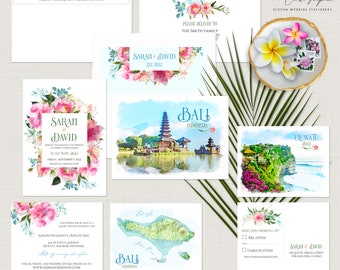 Bali Indonesia Asia Destination wedding invitation invitation set watercolor illustrations balinese island wedding bilingual Deposit Payment