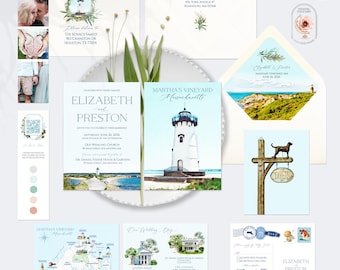 Martha's Vineyard Wedding Invitations, Massachusetts Coastal Watercolor Suite