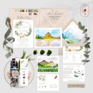 Glacier National Park Montana MT watercolor illustrated rustic Destination wedding invitation wedding Mountains Deposit Payment