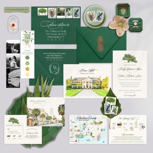 Boone Hall Mount Pleasant Charleston South Carolina Wedding Invitation Oak Tree Moss Watercolor Illustrated Wedding Card Set Deposit Payment