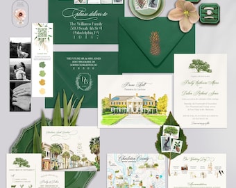 Boone Hall Wedding Invitations, Charleston Watercolor Suite