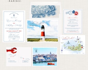 Destination wedding invitation Nantucket Massachusetts Illustrated nautical coastal wedding lighthouse map - Deposit Payment