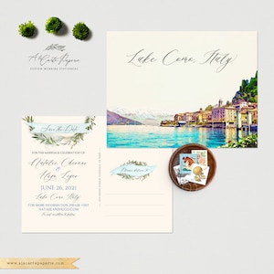 Destination wedding Bellagio Lago Como Itália Cartão postal ilustrado em aquarela para salvar a data Casamento italiano em Como - Pagamento de depósito