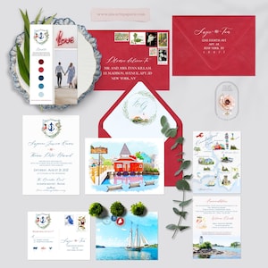 Kennebunkport Maine Destination Wedding Invitation Set coastal wedding lighthouse and watercolor illustrations map - Deposit Payment