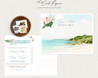 Puerto Rico Vieques Island Beach save the date postcards with watercolor illustration -  Deposit Payment
