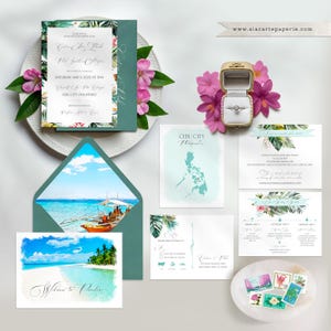 Ensemble de faire-part de mariage à destination illustré à l'aquarelle des Philippines Cebu City Bantayan Boracay Manille Paiement de l'acompte de mariage philippin