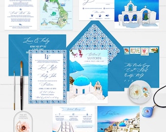 Santorini Greece Destination Wedding Invitation, Watercolor Illustrated European Invite DEPOSIT for PRINTED invitations