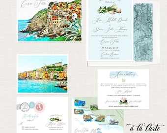 Cinque Terre Italy Riviera Destination wedding invitation watercolor Illustrated Italian wedding invitation map Deposit Payment