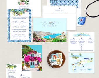 Kos Greece Greek Island Destination Wedding Invitation Set  European wedding watercolor illustrated invitation set -Deposit Payment