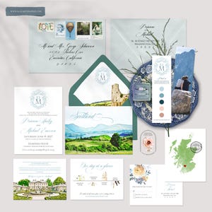 Escócia Reino Unido Aquarela Ilustrada Convite de Casamento Suite Convite de Casamento de Destino Escocês Dumfries House - Pagamento de Depósito