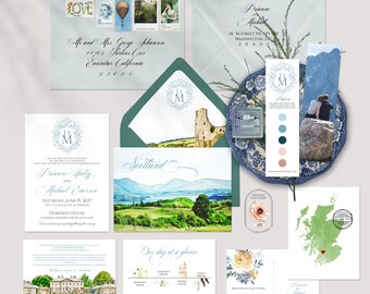 Scotland Wedding Invitations, UK Watercolor Scottish Wedding Suite Dumfries House Watercolor
