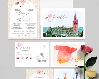 Destination wedding invitation Sevilla Spain Andalusian Spanish Mediterranean Illustrated watercolor wedding invitation Deposit Payment