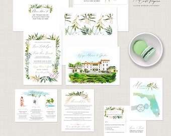 Florida Miami Vizcaya Museum Gardens Destination wedding invitation watercolor illustrated tropical wedding invitation Set - Deposit Payment