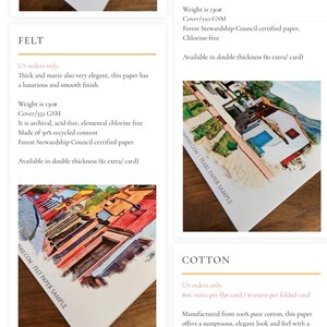 May include: A product information sheet for stationery papers including Linen, Pearl, Felt, and Cotton varieties. The document displays text descriptions, paper weights of 130# or 118 lb, and sample images of watercolor illustrations printed on each paper type.