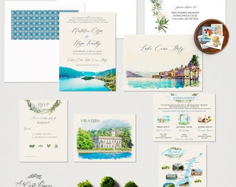 Como Lake Bellagio Villa Erba Italy Watercolor Illustrated Destination Wedding Invitation Set European Wedding - Deposit Payment