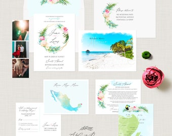 Mexico Riviera Maya Akumal Playa del Carmen Tulum Cancun Destination wedding invitation with watercolor illustrations Map - Deposit Payment