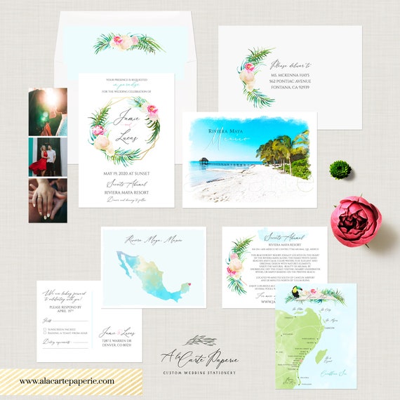 Destination wedding Riviera Maya Mexico Save the Date Postcard Cancun Puerto Morelos Playa del Carmen watercolor illustrated Deposit Payment