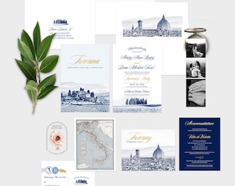 Tuscany Destination Wedding Invitation Watercolor Illustrated Florence Italy Navy Gold European Wedding Invitation Set - Deposit Payment