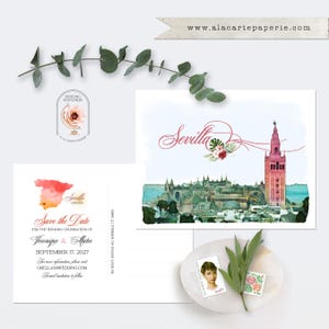 Sevilha Espanha Casamento Espanhol Salve a Data Cartões Postais Convite Ilustração em Aquarela Catedral de Sevilha Arte em Aquarela - Pagamento de Depósito