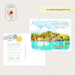 Portofino Itália Ligúria Europeu Aquarela Ilustrado Destino casamento Salve a Data convites postais Depósito Pagamento