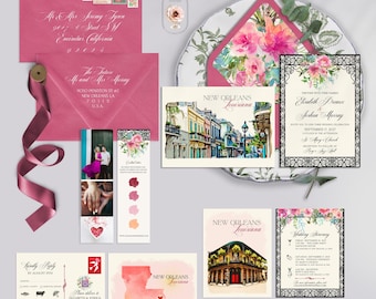 PRINTED New Orleans Louisiana Destination wedding invitation USA NOLA French Quarter Jazz illustrated watercolor - Deposit Payment