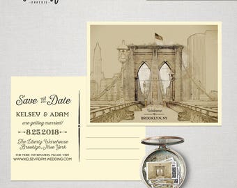 Brooklyn New York Destination illustrated Save the date postcard - wedding invitation Brooklyn Bridge map Artist sketch Deposit Payment