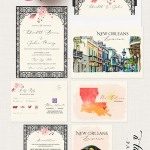 New Orleans Louisiana NOLA Destination wedding invitation USA NOLA French Quarter Jazz watercolor illustrated wedding invitation set image 7