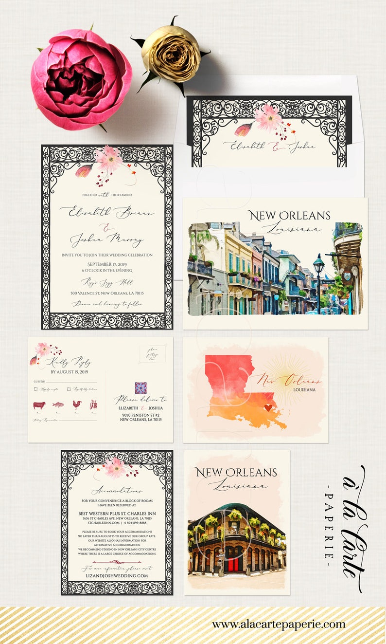New Orleans Louisiana NOLA Destination wedding invitation USA NOLA French Quarter Jazz watercolor illustrated wedding invitation set image 7