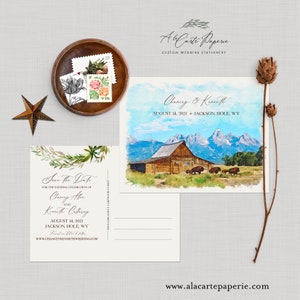 Jackson Hole Wyoming EUA aquarela ilustrada rústico destino casamento salve a data cartão postal casamento na montanha - depósito pagamento