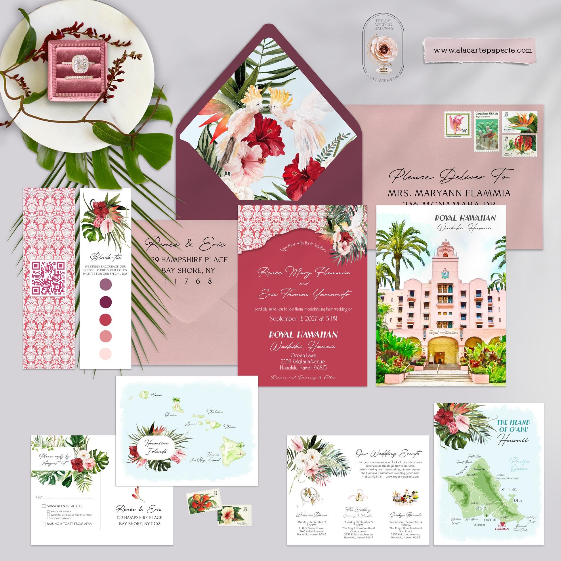 PRINTED Royal Hawaiian Hotel Waikiki Oahu Hawaii USA Destination Wedding  Invitation Hawaiian Island Watercolor Illustrated - Deposit Payment - Etsy, image size:1950x1950