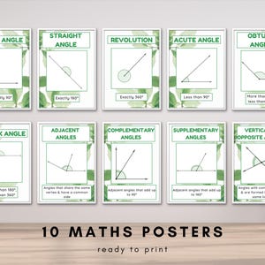 May include: A set of ten educational posters displaying geometric angle types including right, straight, revolution, acute, obtuse, reflex, adjacent, complementary, supplementary, and vertically opposite angles with definitions and diagrams.