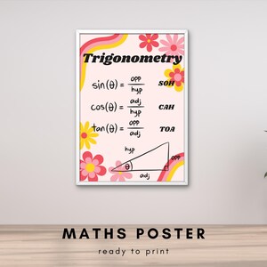 May include: A rectangular wall poster in a white frame featuring the word Trigonometry in black text. The design includes mathematical formulae for sin, cos, and tan, SOH CAH TOA acronyms, a right triangle diagram, and pink and yellow flower graphics.