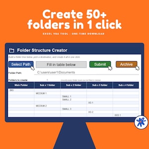May include: A digital interface for an Excel VBA tool titled Folder Structure Creator on an orange background. The interface features buttons for Select Path, Submit, and Archive, with a table for organizing folders from Main to Sub x 4.