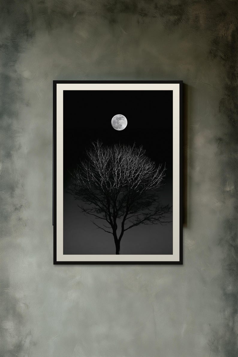 Full Moon Behind Oak Tree Print, Moody Night Sky Wall Art (Digital Download) image 10