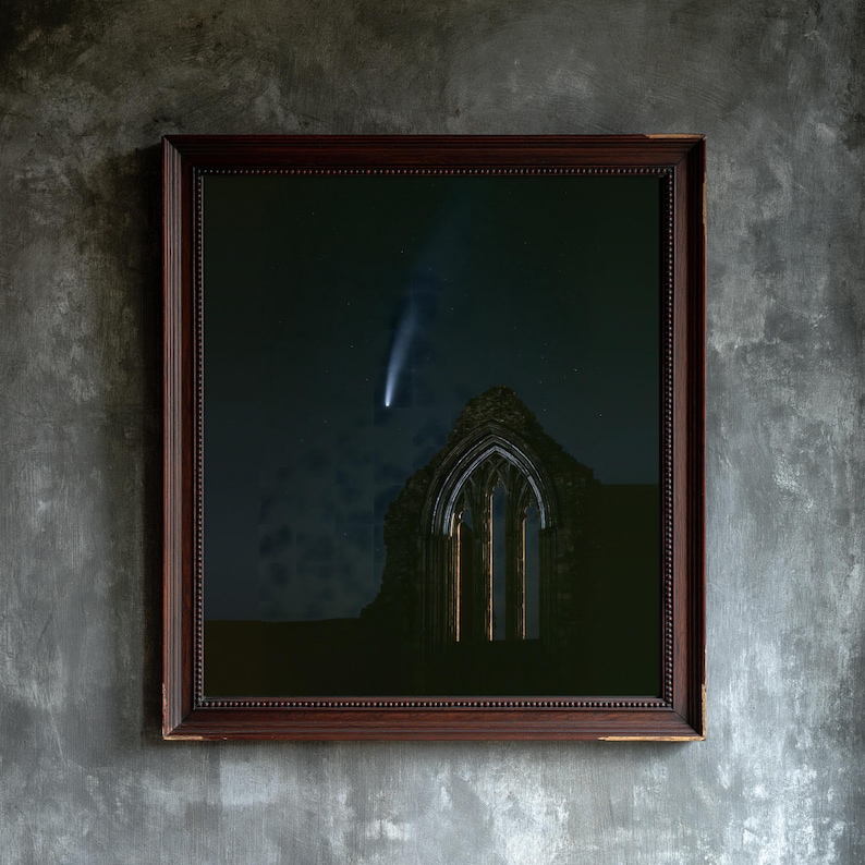Comet Over Abbey Arch Print, Moody Night Sky, Gothic Celestial Decor (Digital Download) image 1