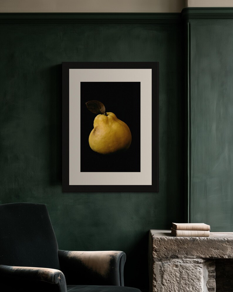 Golden Quince Print, Fruit Still Life Art, Dark Cottagecore Kitchen Art, Mustard Yellow Printable image 3