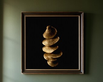 May include: A square framed wall art piece featuring a vertical arrangement of five gold-colored, textured, shelf-like fungi against a solid black background. The dark brown frame has a thin gold inner border, presenting a high-contrast display.