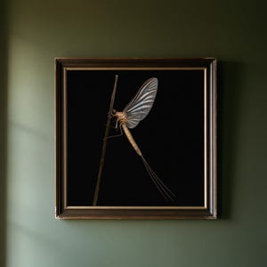 May include: A framed square wall art piece featuring a detailed illustration of a mayfly perched on a thin brown stem against a solid black background. The insect has translucent, veined wings and long, slender tail filaments in shades of tan.