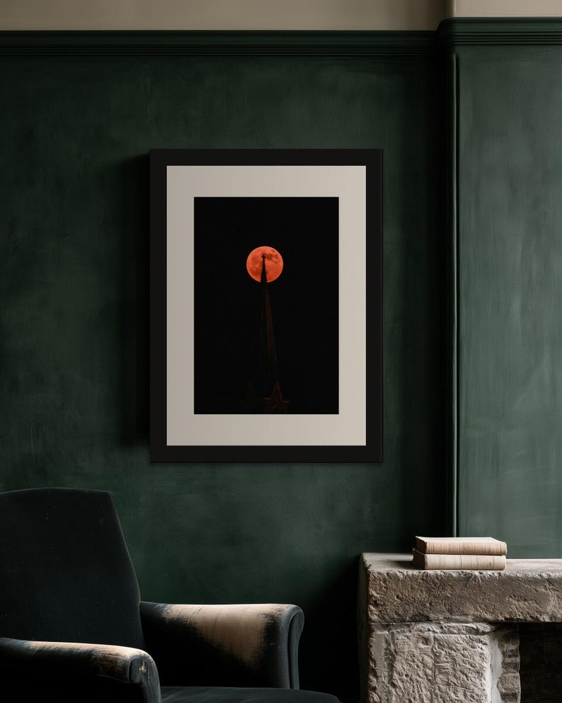 Blood Moon over Church Spire Print, Moody Night Sky Wall Art, Dark Cottagecore Celestial Decor, Digital Download image 7