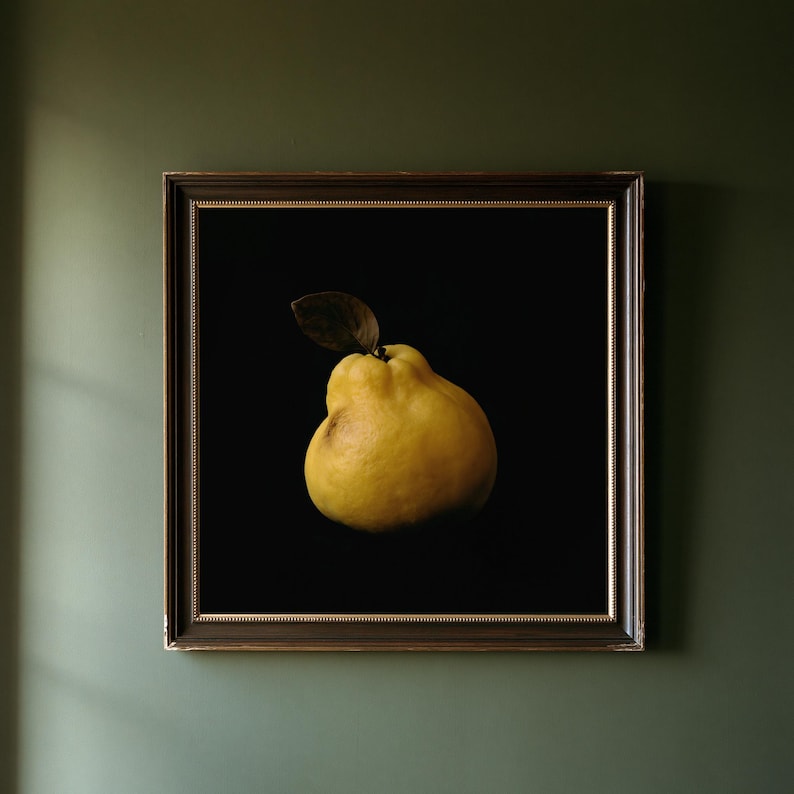 Golden Quince Print, Fruit Still Life Art, Dark Cottagecore Kitchen Art, Mustard Yellow Printable image 1