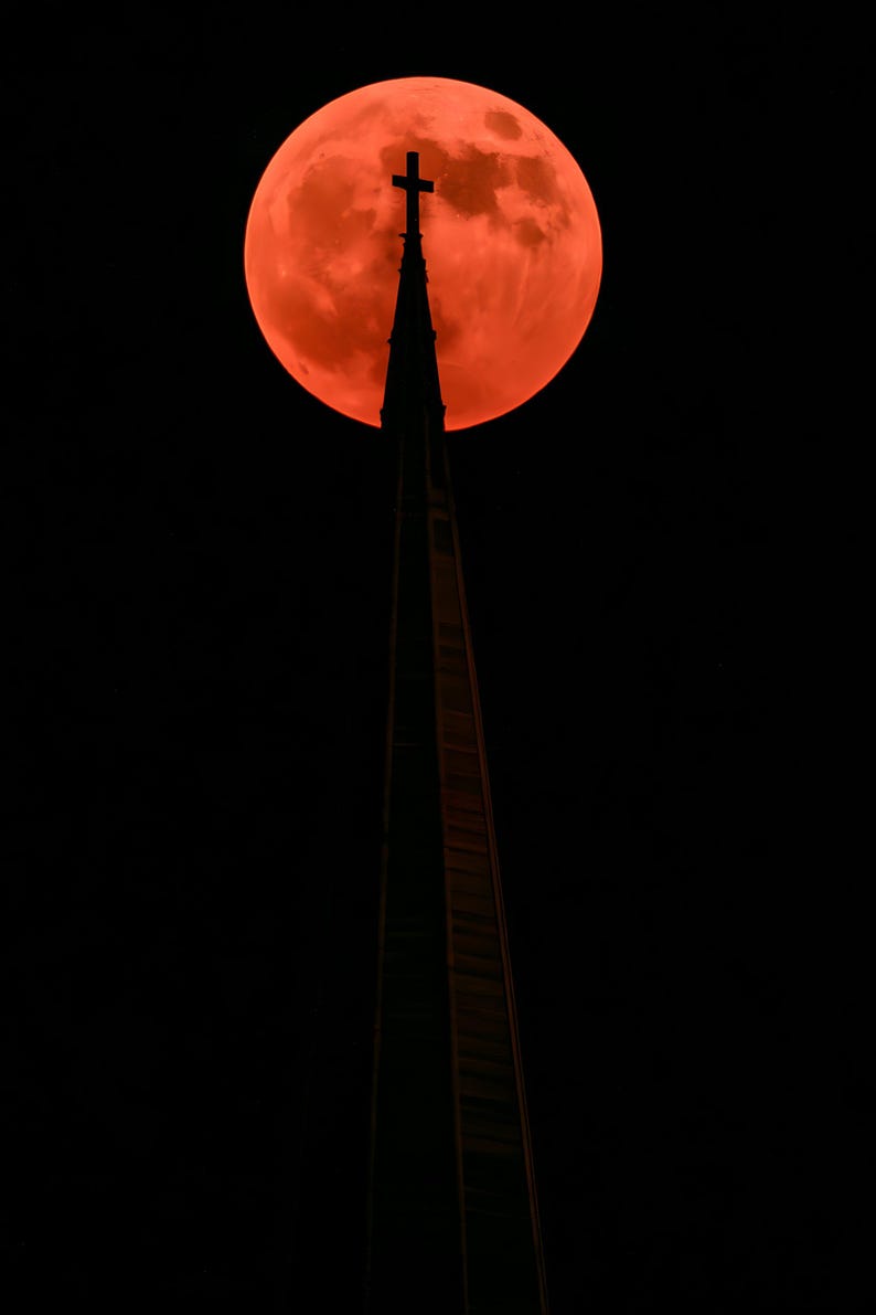 Blood Moon over Church Spire Print, Moody Night Sky Wall Art, Dark Cottagecore Celestial Decor, Digital Download image 4