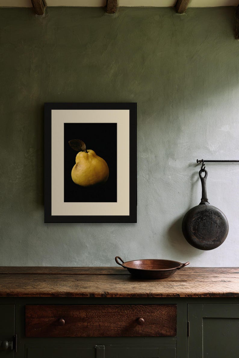 Golden Quince Print, Fruit Still Life Art, Dark Cottagecore Kitchen Art, Mustard Yellow Printable image 6