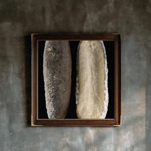 May include: A framed wall art piece featuring two vertical, elongated objects against a black background. One object is a dark, textured, salt-crusted exterior, while the other is a halved, pale, fibrous interior showing a light-colored core.