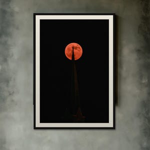 Blood Moon over Church Spire Print, Moody Night Sky Wall Art, Dark Cottagecore Celestial Decor, Digital Download image 10